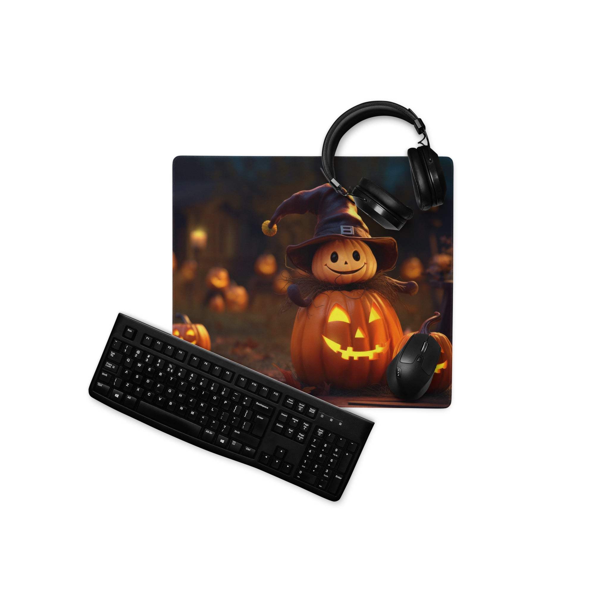 Halloween pumpkin witch hat mousepad with glowing jack-o-lanterns and cozy bokeh lights