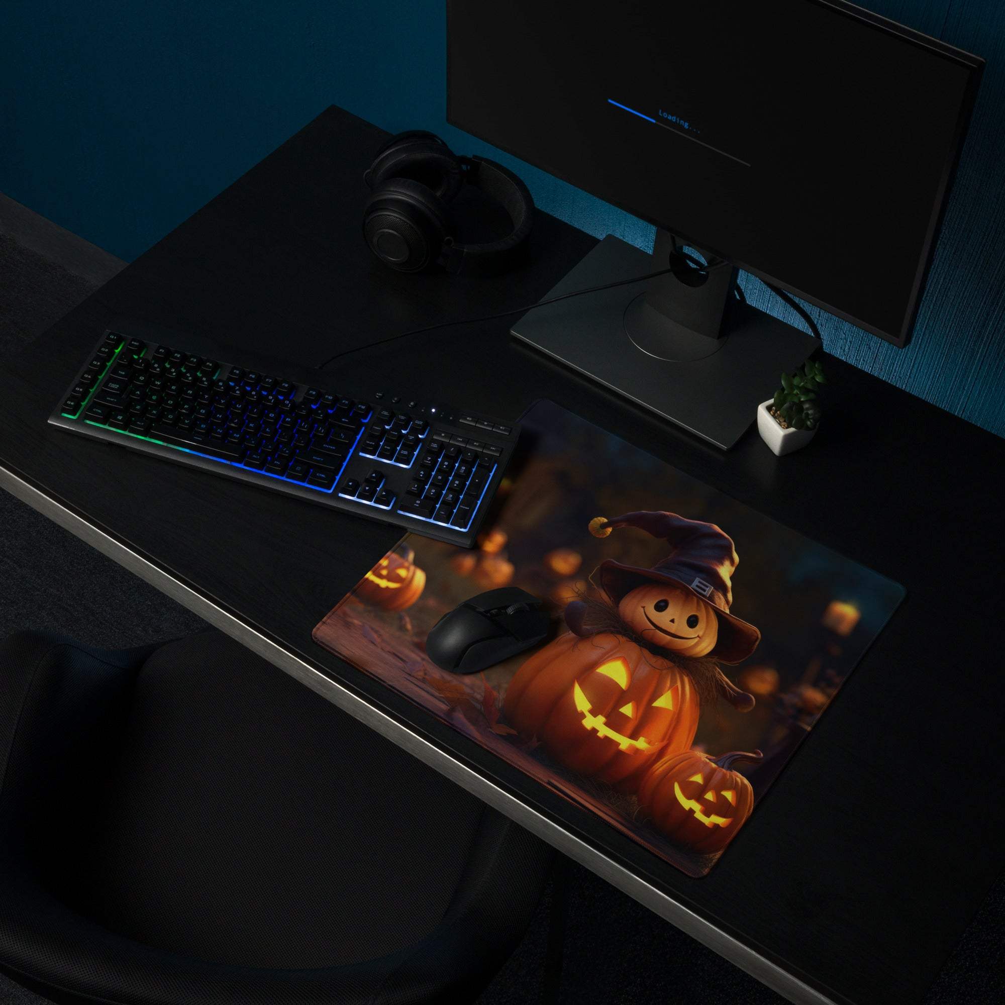 Halloween witch and glowing jack-o-lantern gaming mouse pad
