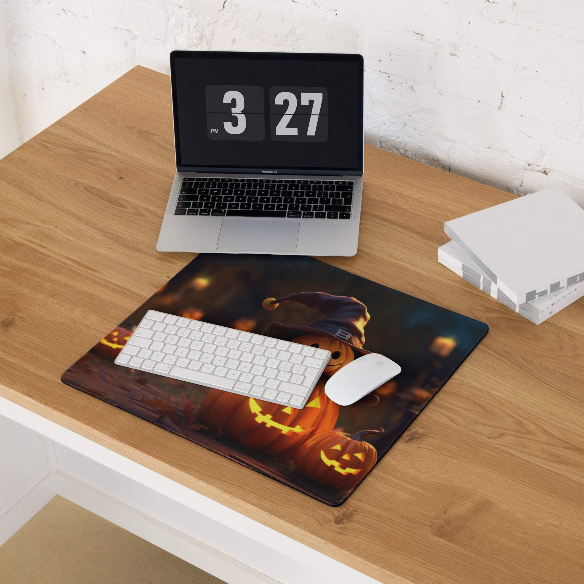 Halloween pumpkin night scene gaming mouse pad with warm glow, non-slip base