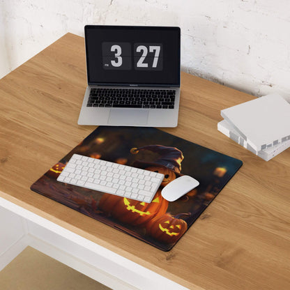 Halloween pumpkin night scene gaming mouse pad with warm glow, non-slip base