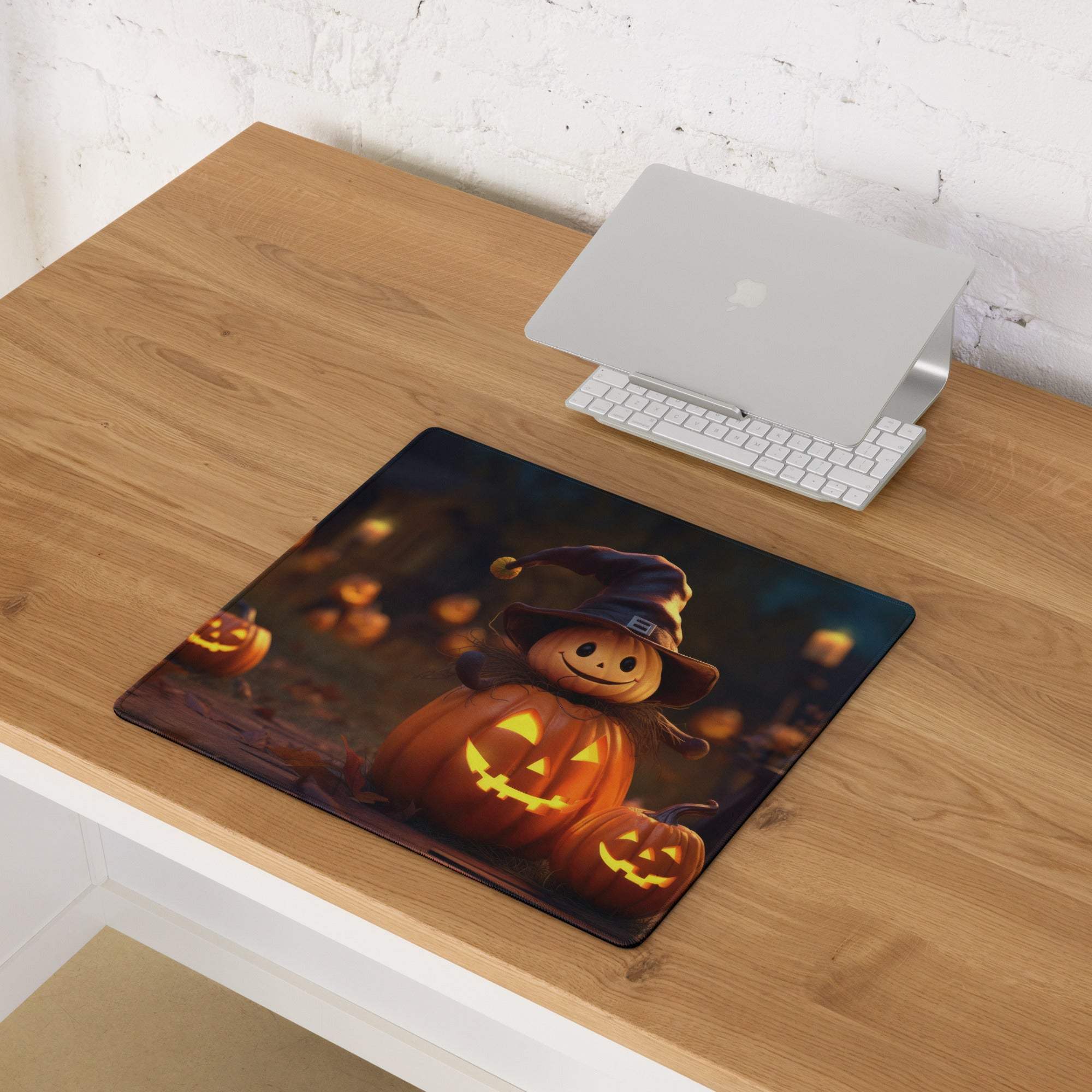 Halloween pumpkin witch mouse pad with glowing jack-o-lanterns and non-slip base