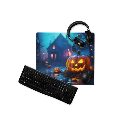 Black Halloween pumpkin glow gaming mouse pad with spooky house scene