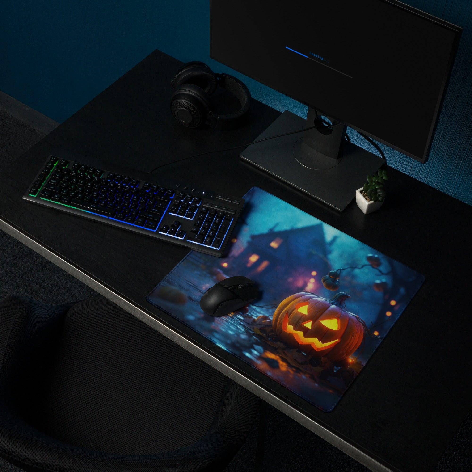 Halloween glowing orange jack-o-lantern gaming mouse pad with haunted village scene