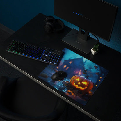 Halloween glowing orange jack-o-lantern gaming mouse pad with haunted village scene