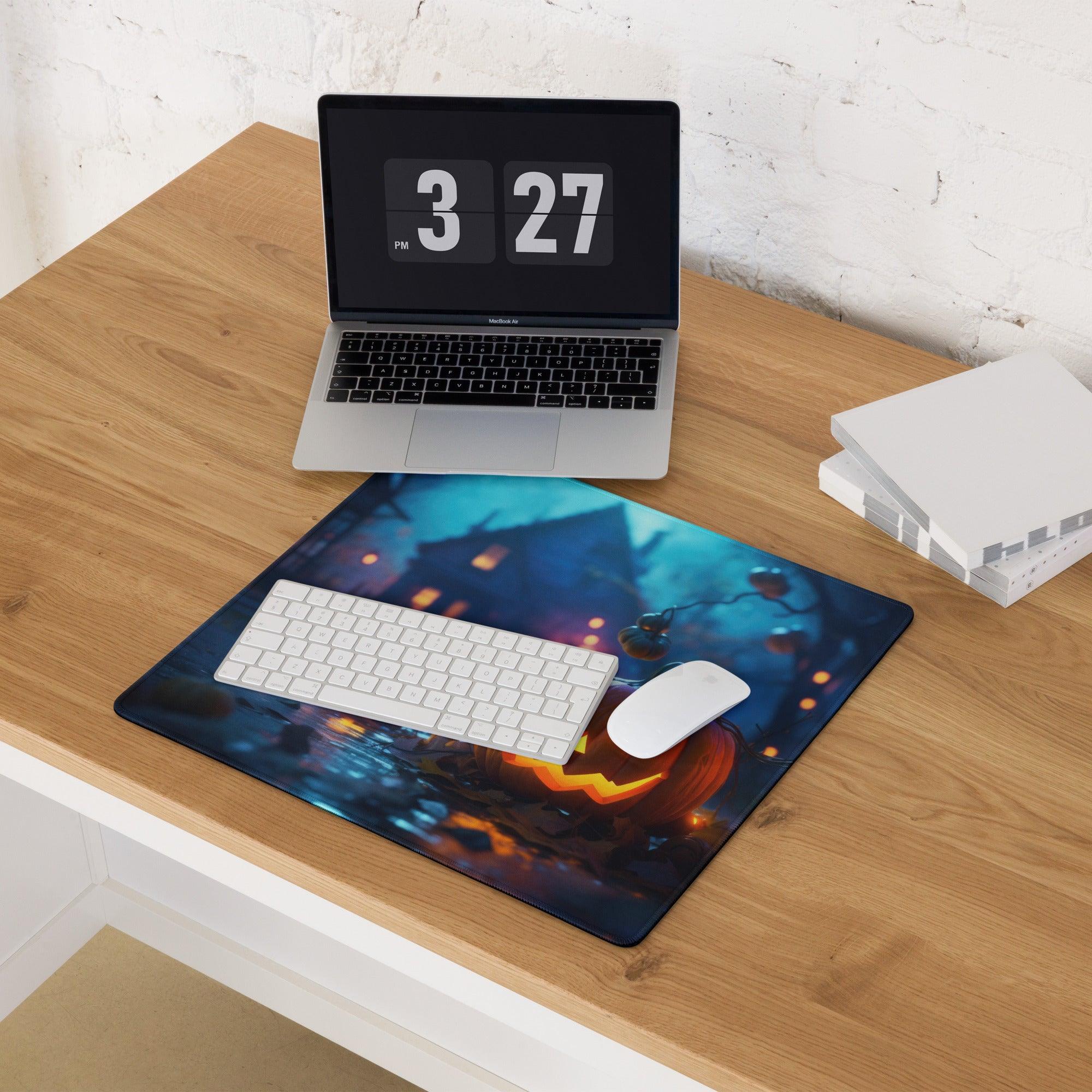 Halloween haunted house gaming mouse pad with glowing jack-o-lanterns