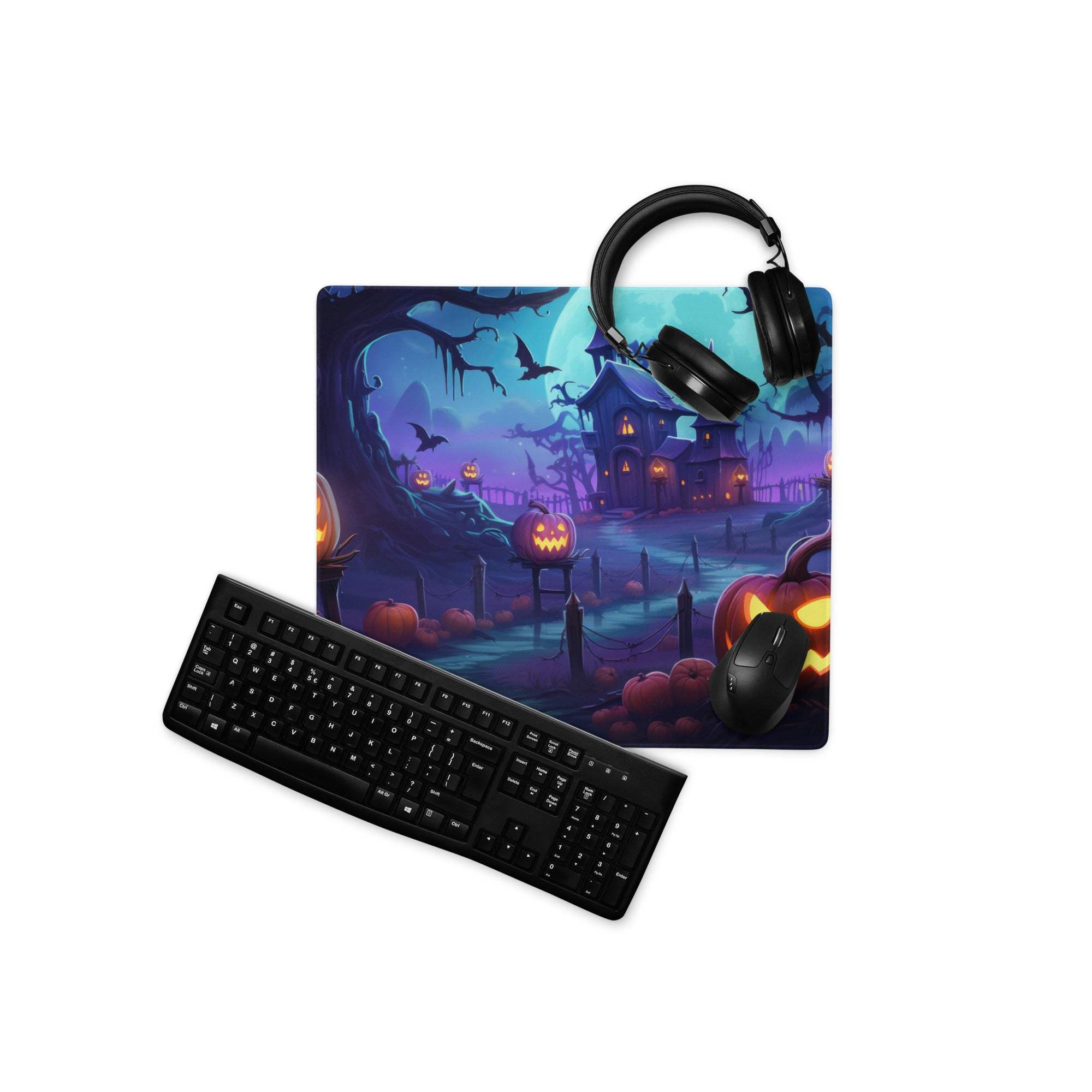 Halloween gaming mouse pad with haunted house, jack-o-lanterns, bats, purple moon