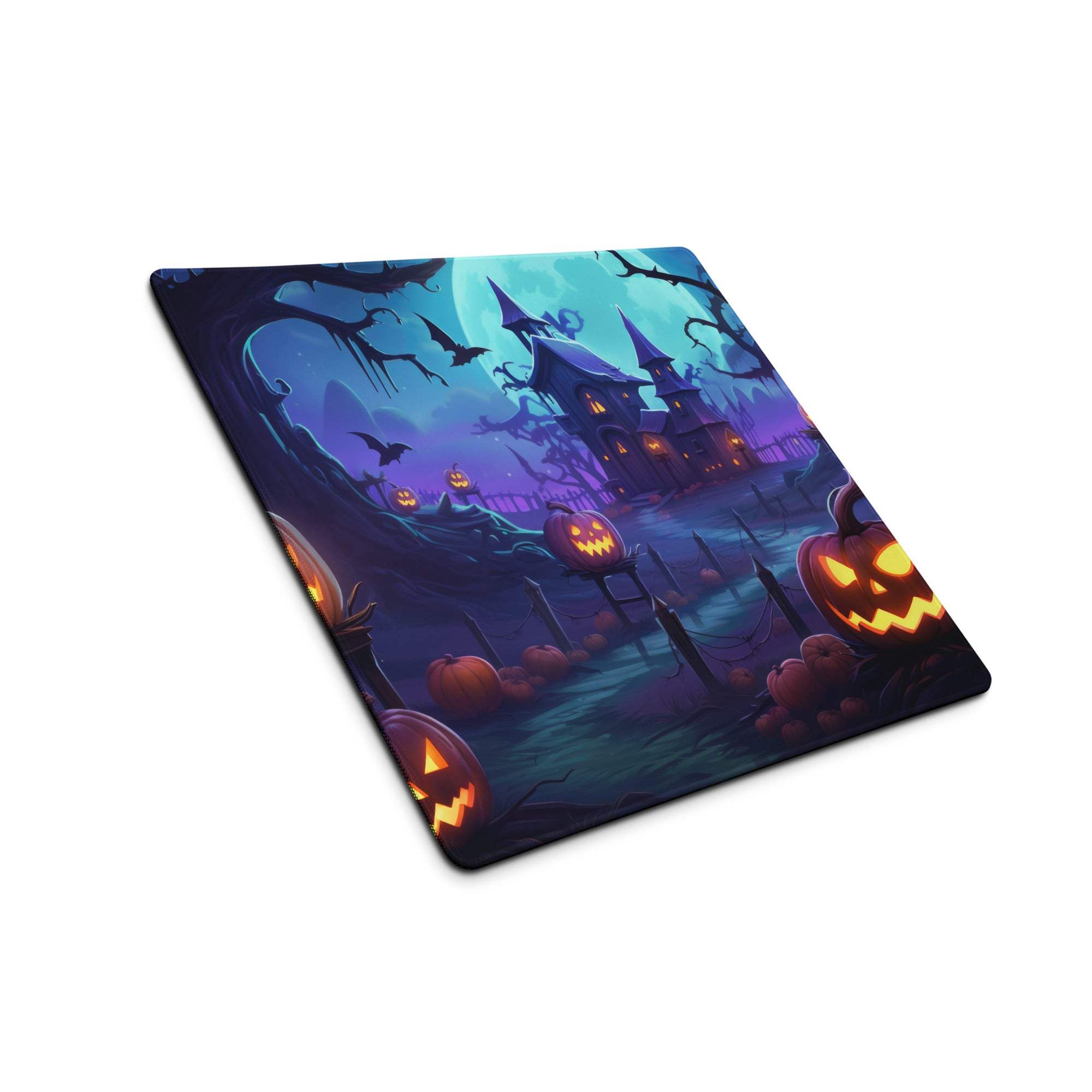 Halloween pumpkin gaming mouse pad with haunted house, jack-o-lanterns, bats