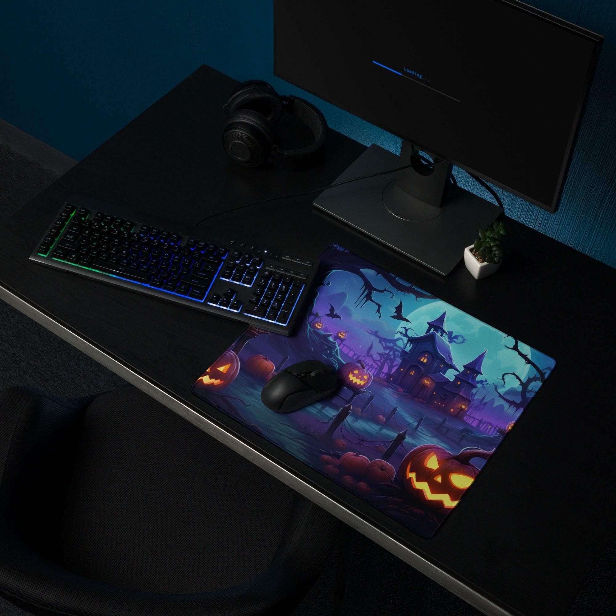Halloween pumpkin gaming mouse pad with haunted house, jack-o-lanterns, bats