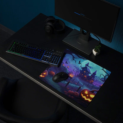 Halloween pumpkin gaming mouse pad with haunted house, jack-o-lanterns, bats