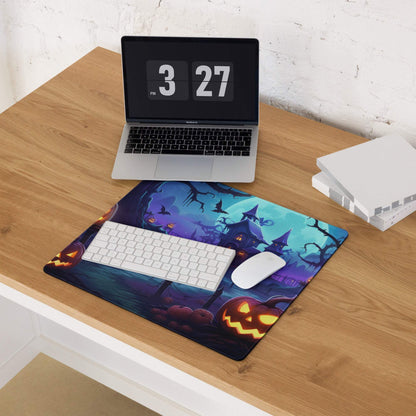 Halloween pumpkin gaming mouse pad with haunted house, bats, jack-o-lanterns