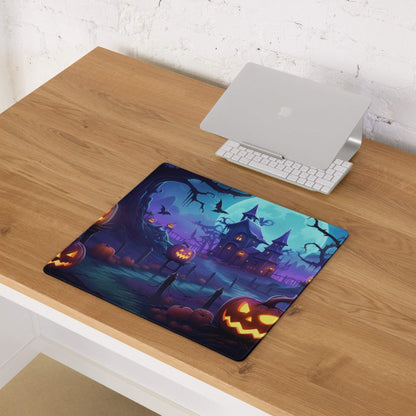 Halloween gaming mouse pad with haunted house, jack-o-lanterns, bats, purple moon