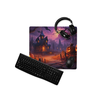 Spooky Halloween haunted house gaming mouse pad with jack-o-lanterns and bats