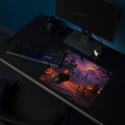 Spooky Halloween haunted house gaming mouse pad with glowing pumpkins and bats