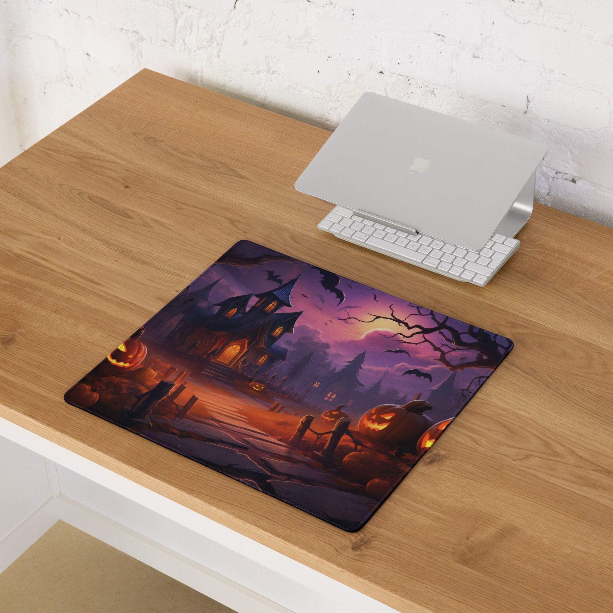 Spooky Halloween haunted house gaming mouse pad with jack-o-lanterns and bats