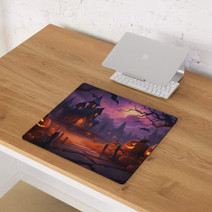 Spooky Halloween haunted house gaming mouse pad with jack-o-lanterns and bats