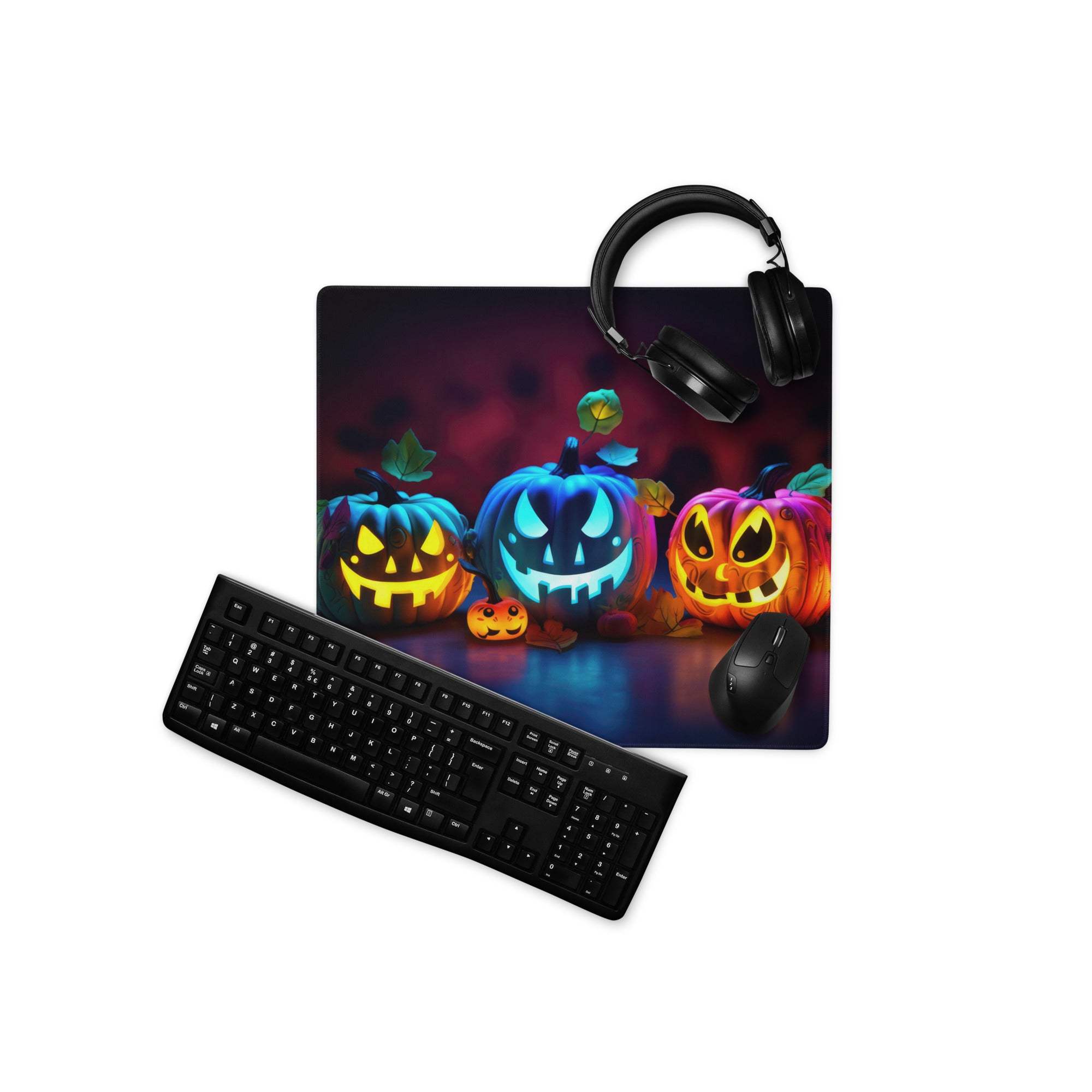 Halloween pumpkin glow gaming mouse pad with jack-o-lanterns and non-slip backing