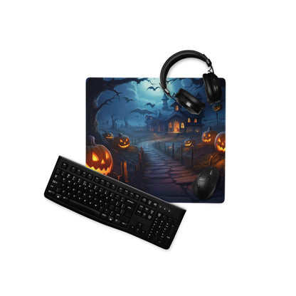 Black Halloween haunted house gaming mouse pad with glowing jack-o-lanterns bats moonlit sky