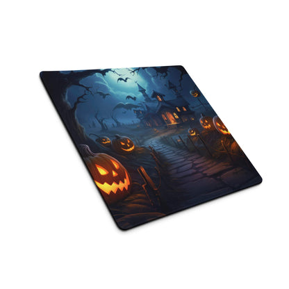 Spooky Halloween haunted house gaming mouse pad with glowing jack-o-lanterns bats moonlit sky