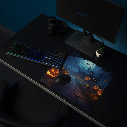 Spooky Halloween haunted house gaming mouse pad with glowing jack-o-lanterns