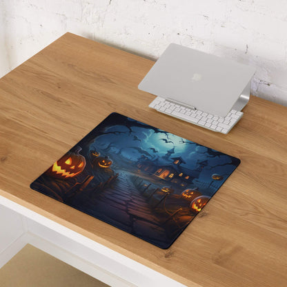 Spooky Halloween gaming mouse pad with glowing jack-o-lanterns bats moonlit path