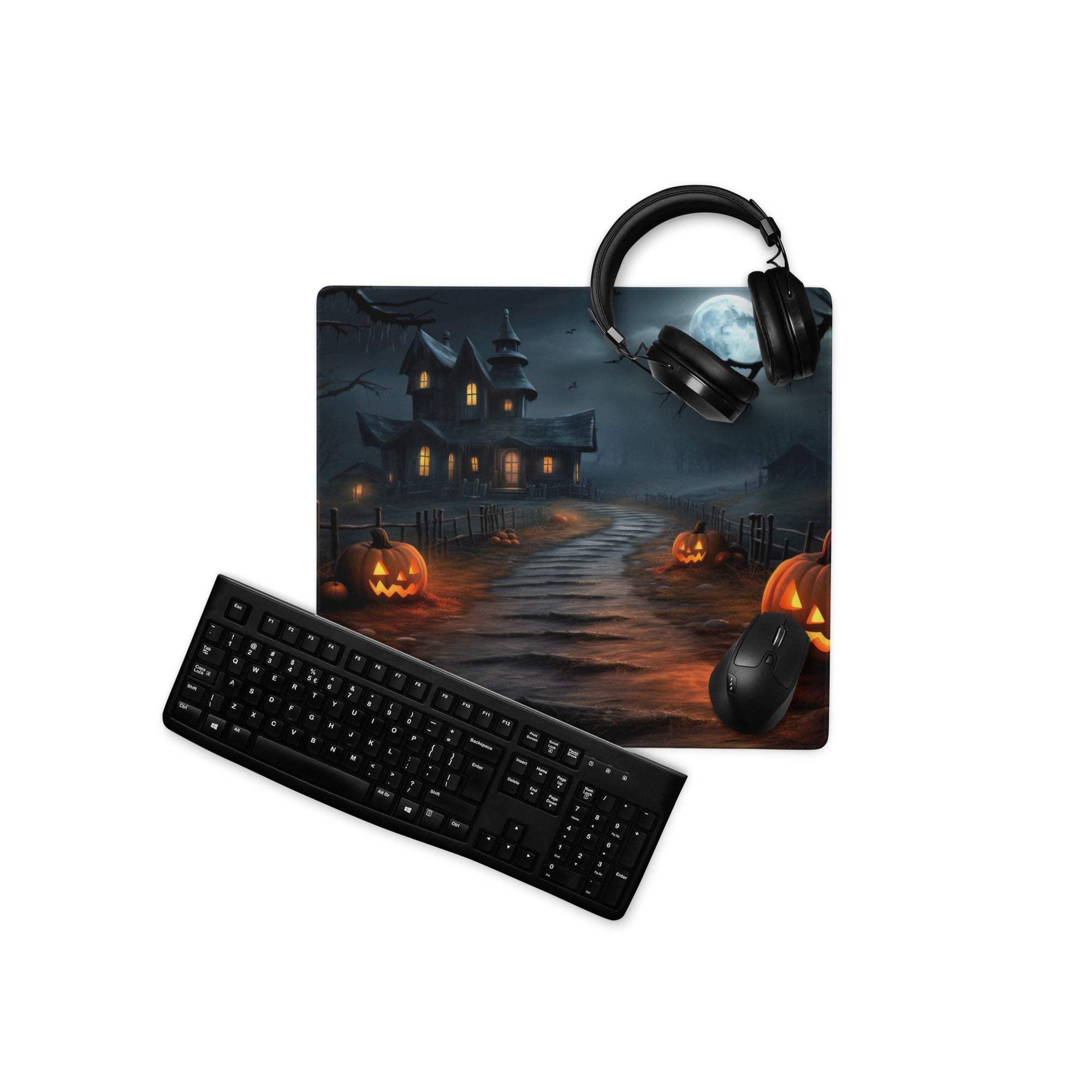 Gothic Halloween gaming mouse pad with haunted house, jack-o-lanterns, full moon