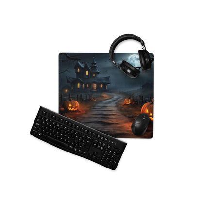 Gothic Halloween gaming mouse pad with haunted house, jack-o-lanterns, full moon