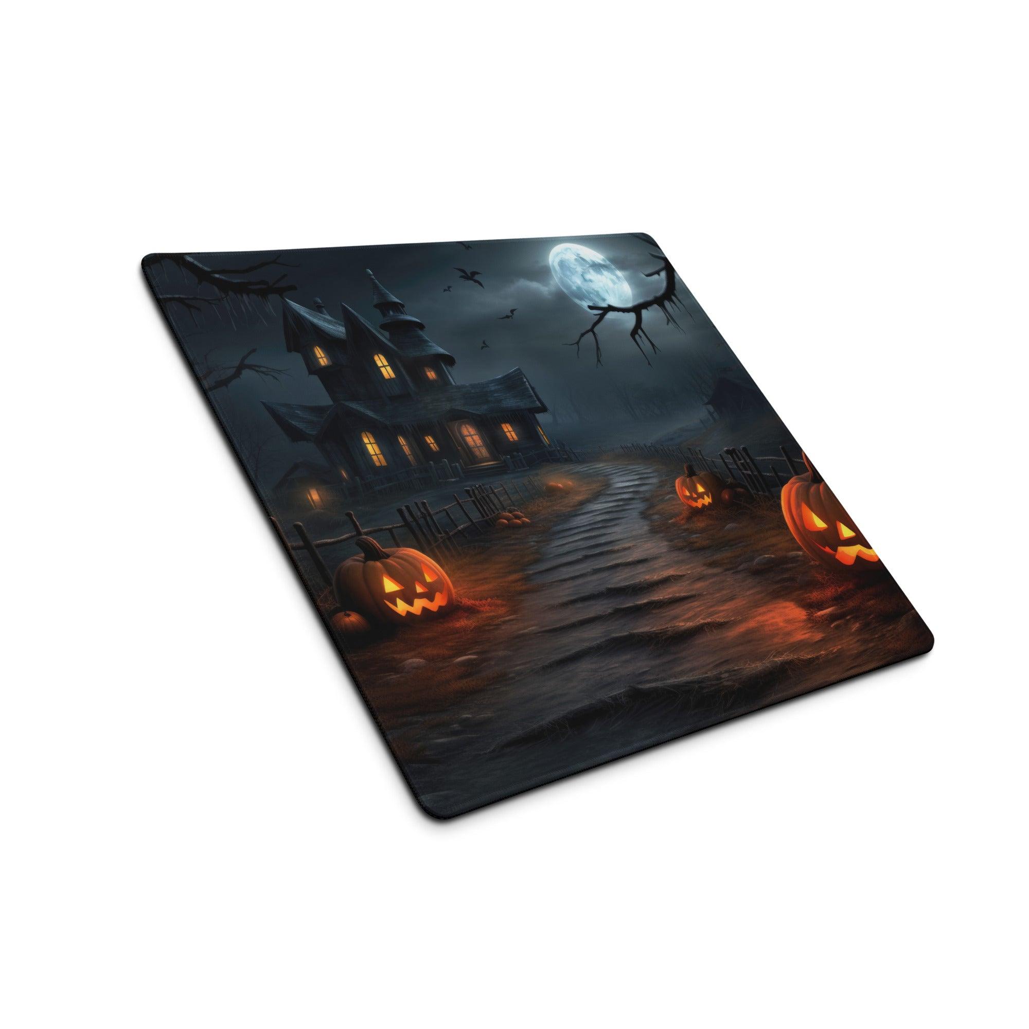 Gothic Halloween gaming mouse pad with haunted house, glowing jack-o-lanterns, full moon