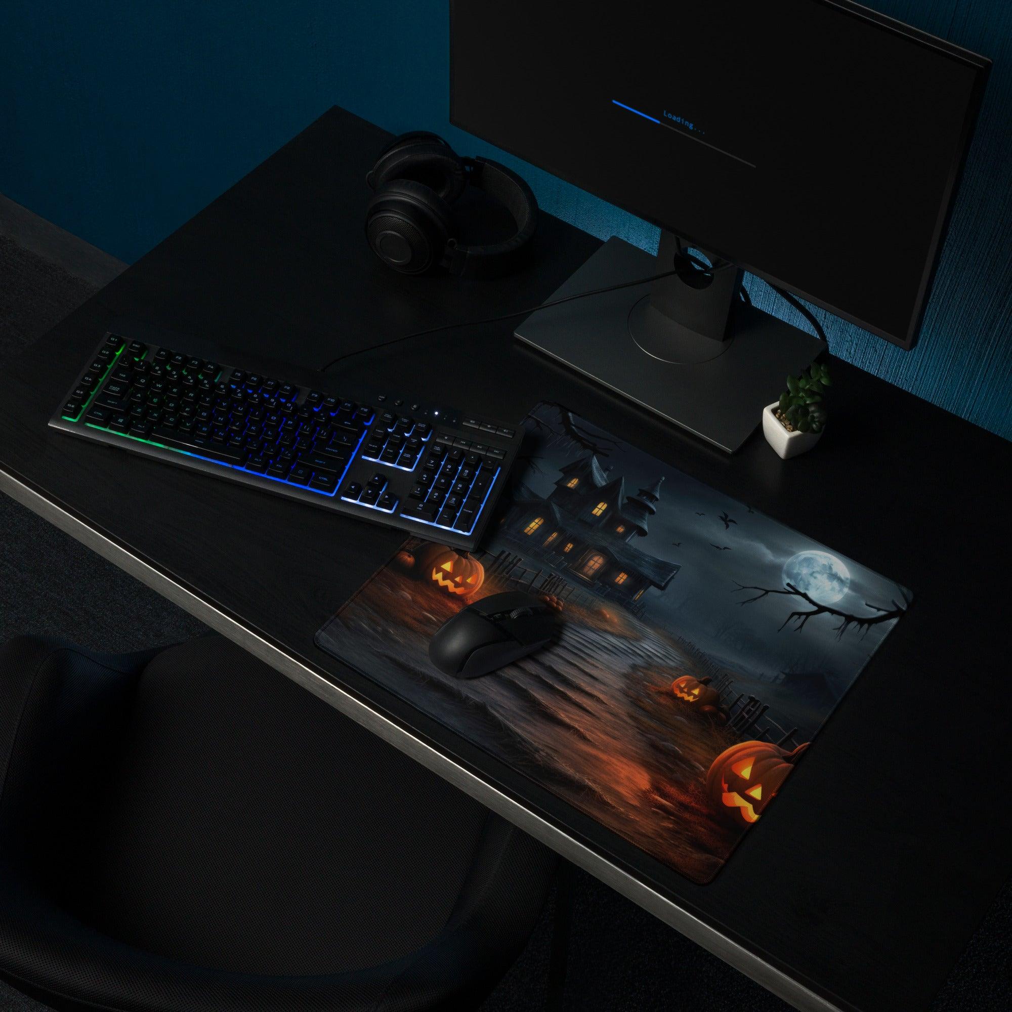Gothic Halloween gaming mouse pad with haunted house, glowing jack-o-lanterns, full moon