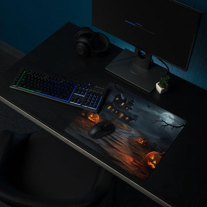 Gothic Halloween gaming mouse pad with haunted house, glowing jack-o-lanterns, full moon