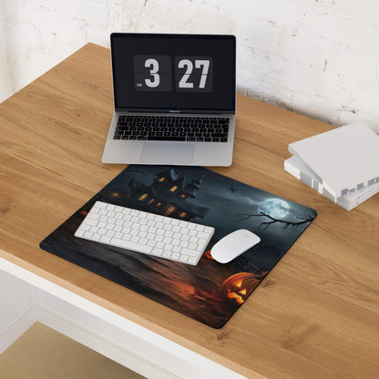 Black Halloween haunted house mousepad with full moon and jack-o-lanterns