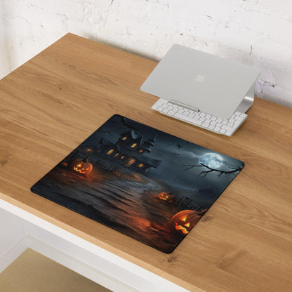 Gothic Halloween gaming mouse pad with haunted house, jack-o-lanterns, moon