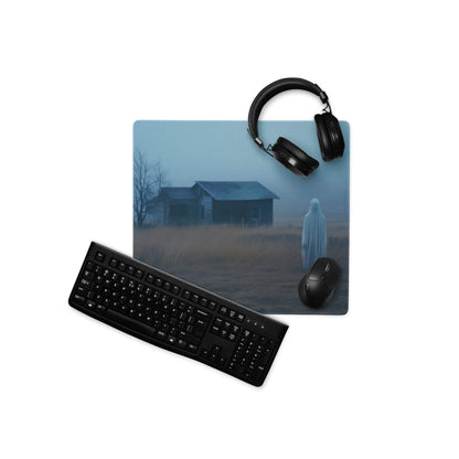 Blue foggy rural mousepad with ghostly figure barn and black headphones