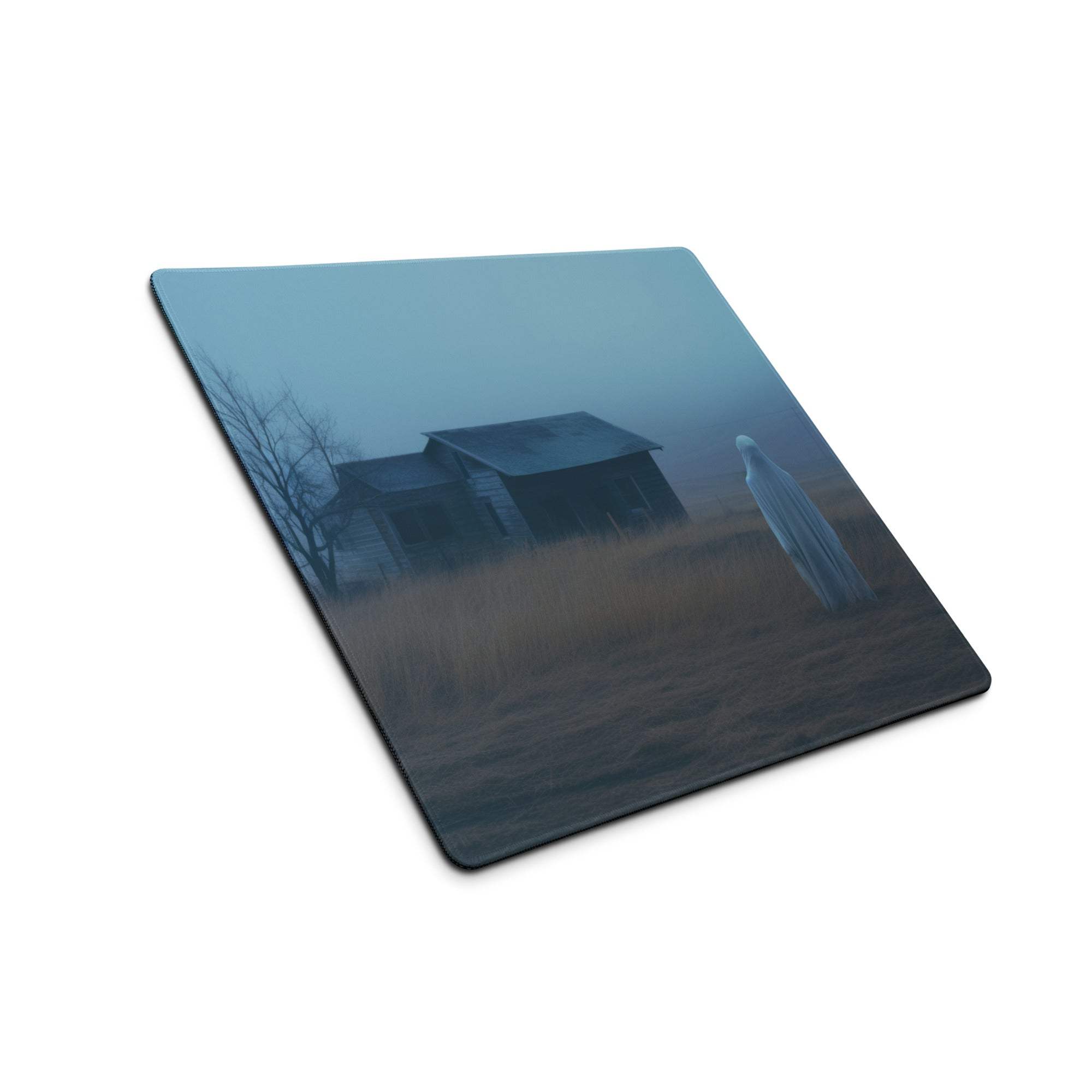 Moody Blue Mist gaming mouse pad with misty barn and ghost figure
