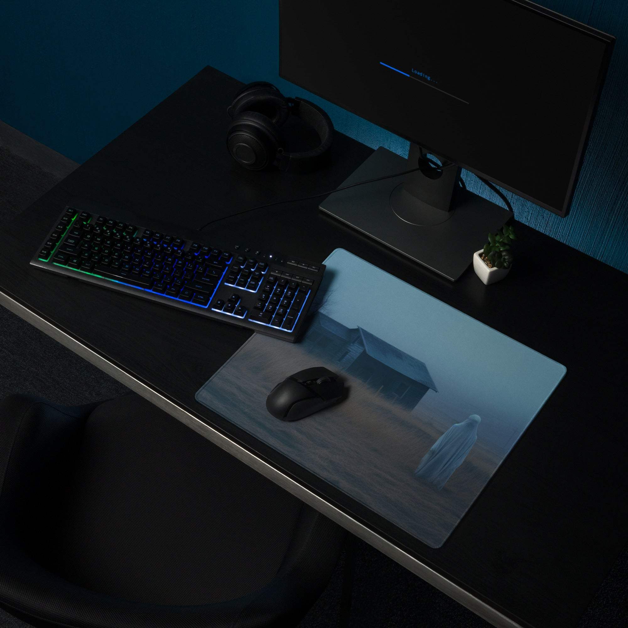 Moody Blue Mist ghostly figure landscape gaming mouse pad