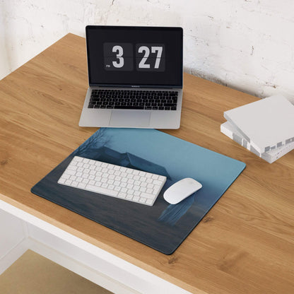 Moody Blue Mist landscape gaming mousepad with keyboard and mouse
