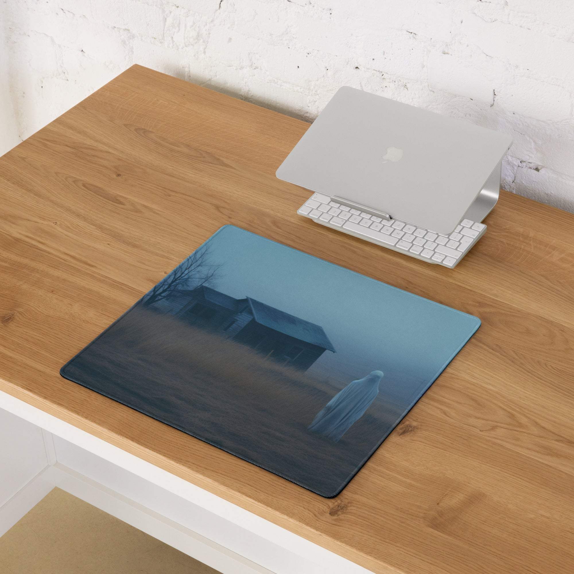 Moody blue mist gaming mouse pad with abandoned house and ghost