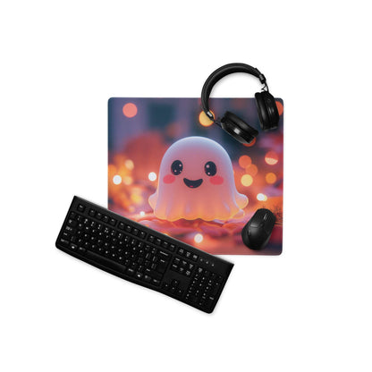 Cute pink ghost-themed mousepad with soft blue orange glow and bokeh background for gothic halloween gaming desk decor