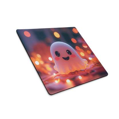 Square glossy mousepad with a cute translucent pink ghost on a warm orange and yellow bokeh background for gothic decor