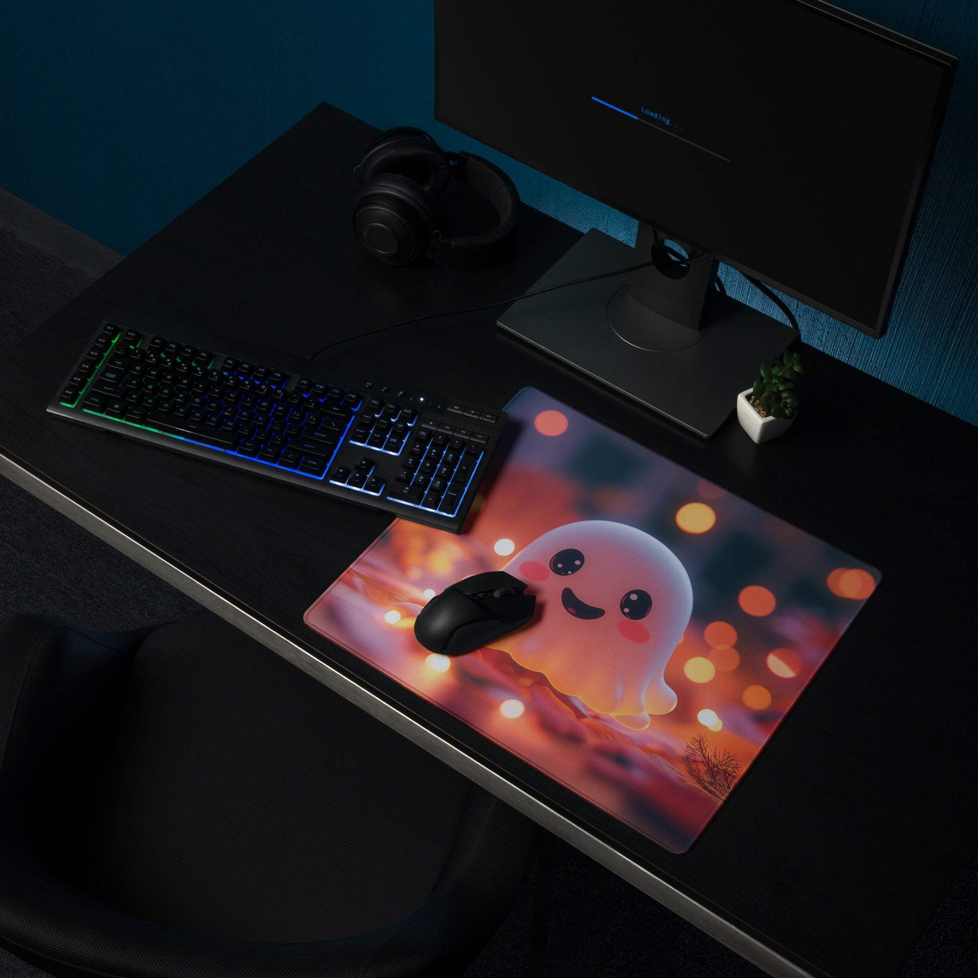 A rectangular blue orange glow gaming mousepad with a cute smiling translucent orange ghost on warm bokeh lights