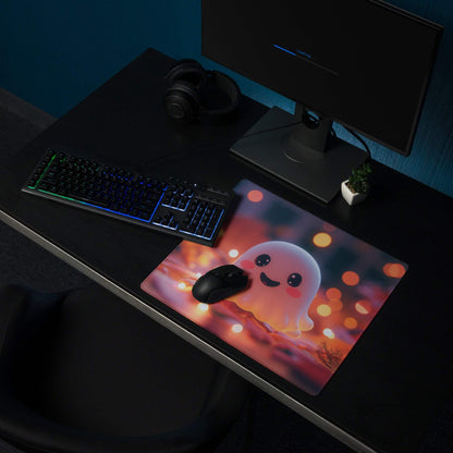 A rectangular blue orange glow gaming mousepad with a cute smiling translucent orange ghost on warm bokeh lights