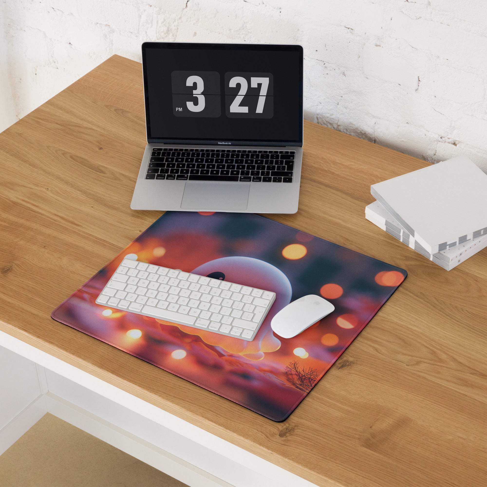 Vibrant cosmic-themed mouse pad with nebula and planet design in warm orange red and purple for gothic halloween decor