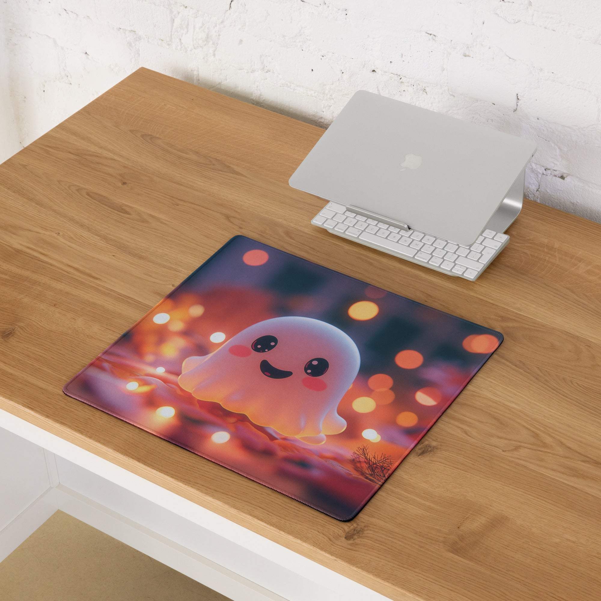 Rectangular moonlit gothic halloween village mouse pad with a cute smiling translucent ghost and warm orange pink glow