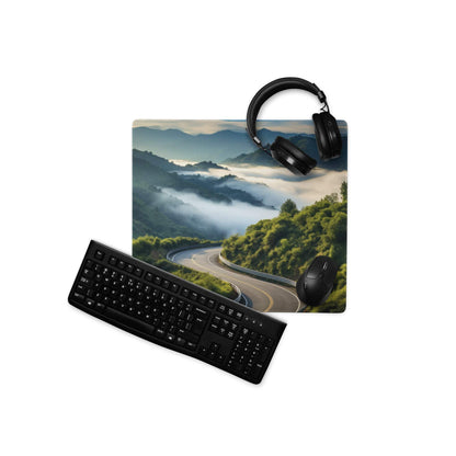Black wireless keyboard on serene green mountain road gaming mouse pad
