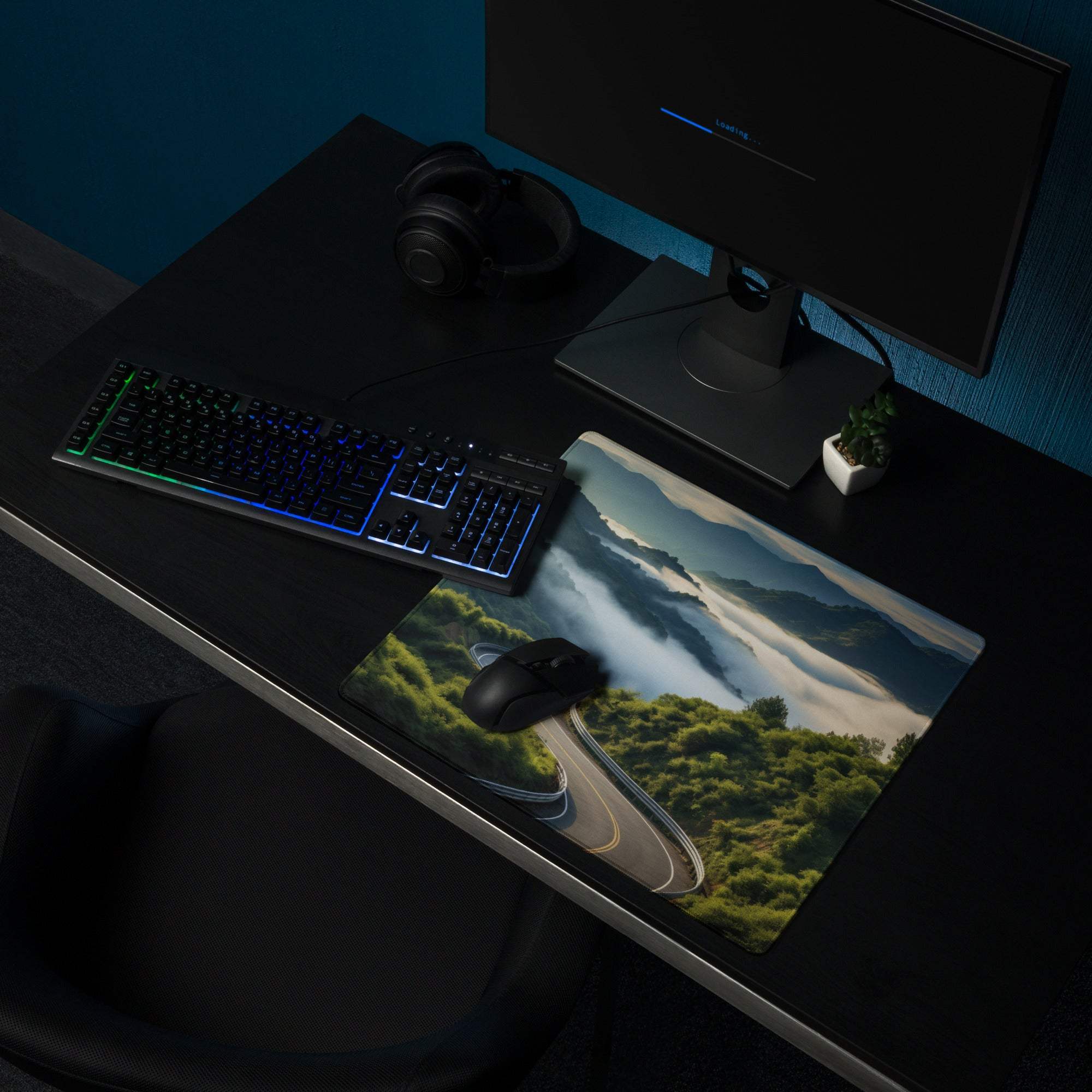 Nature scenic mountain road gaming mouse pad in vibrant greens blues