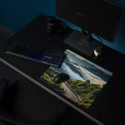 Nature scenic mountain road gaming mouse pad in vibrant greens blues