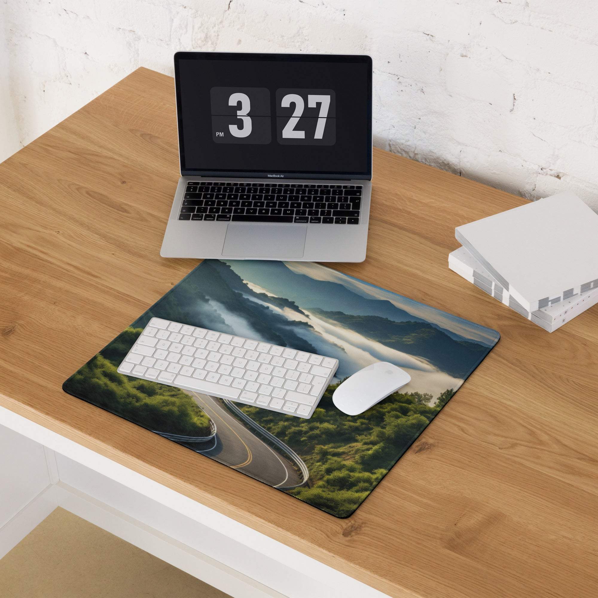 Nature inspired scenic mountain road gaming mouse pad in green blue gray