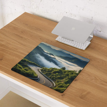 Nature scenic mountain road gaming mouse pad with lush green valleys