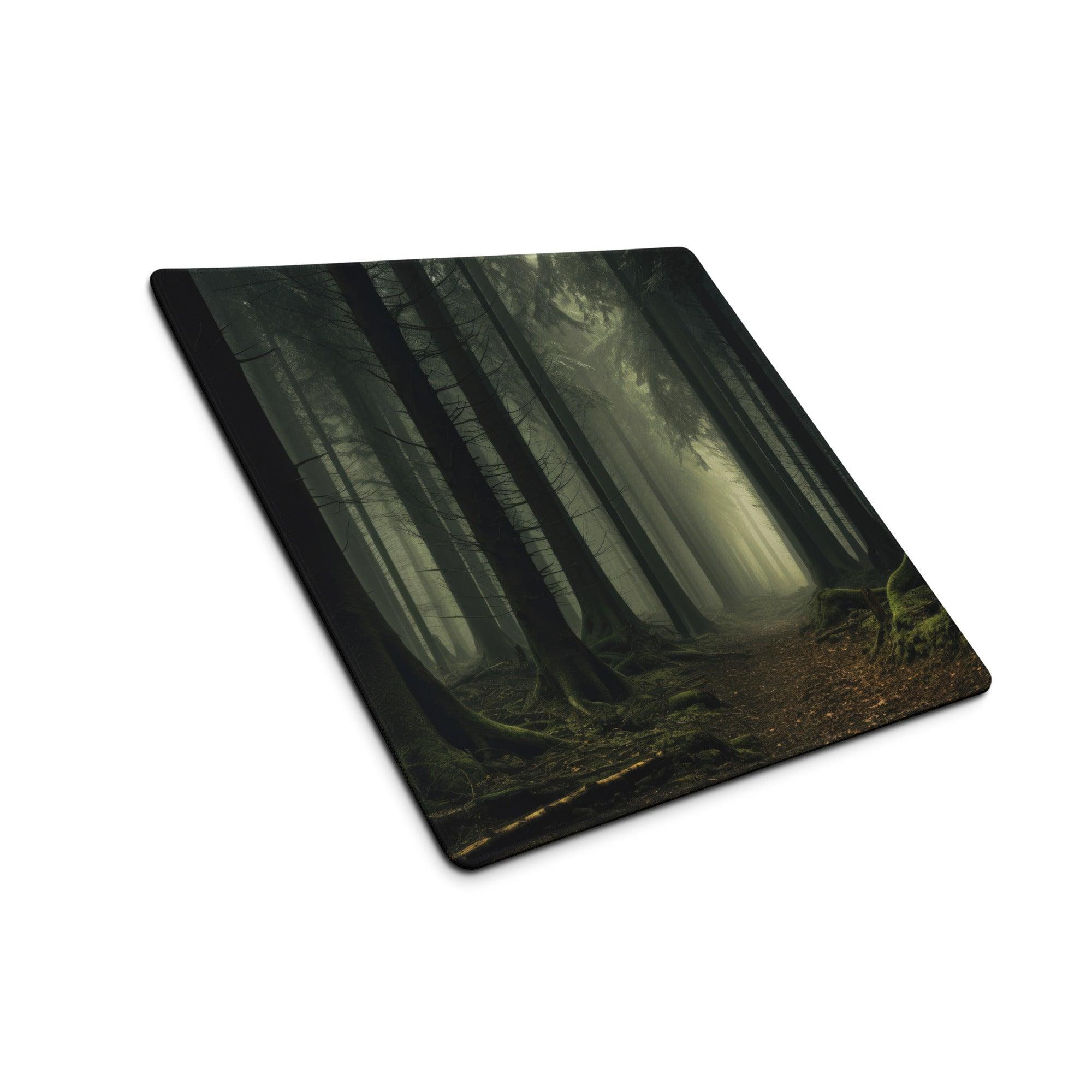 Mystic Forest large gaming mouse pad with dark misty trees design