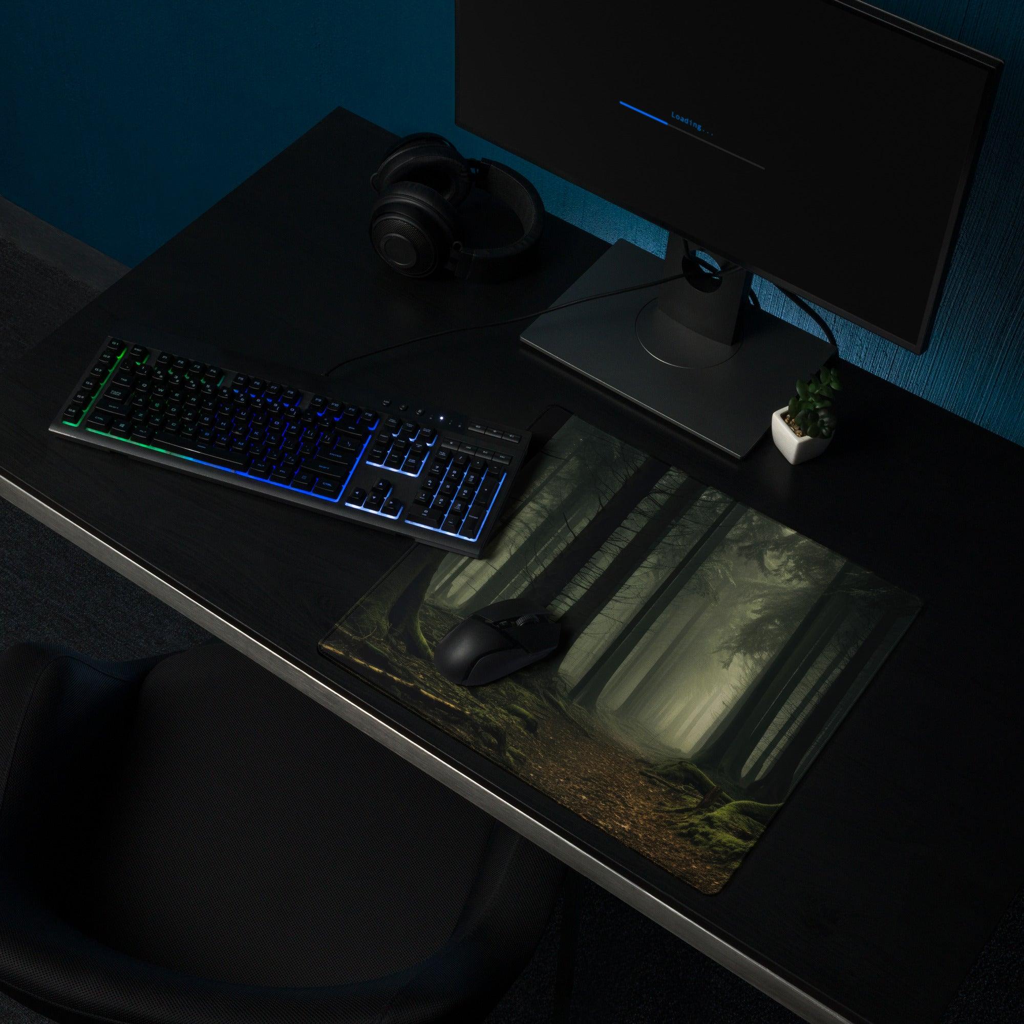 Mystic Forest large gaming mouse pad with dark trees glossy finish