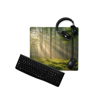 Black keyboard mouse set on forest sunlight gaming mousepad with headphones